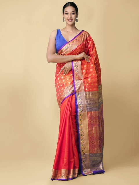 

Unnati Silks Orange & Violet Woven Design Silk Blend Kanjeevaram Saree