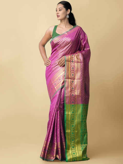 

Unnati Silks Purple & Green Woven Design Zari Silk Blend Kanjeevaram Saree