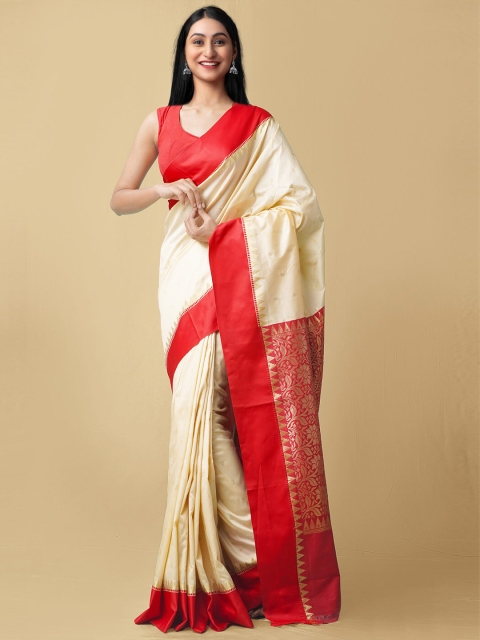 

Unnati Silks Cream-Coloured & Red Woven Design Zari Silk Blend Kanjeevaram Saree