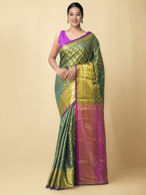 

Unnati Silks Green & Purple Woven Design Zari Silk Blend Kanjeevaram Saree