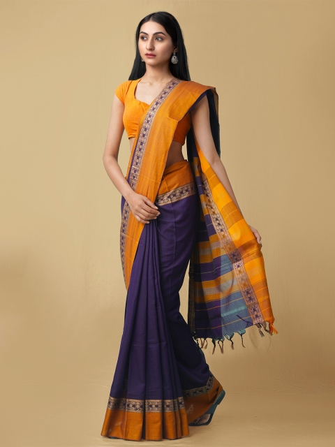 

Unnati Silks Purple & Yellow Solid Pure Cotton Narayanpet Saree