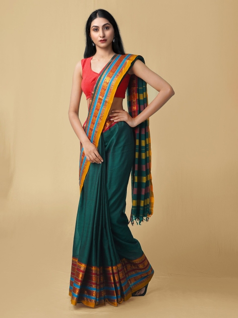 

Unnati Silks Green & Red Woven Design Zari Pure Cotton Narayan Peth Saree