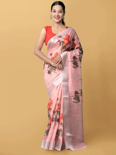 

Unnati Silks Pink & Orange Floral Zari Linen Blend Jamdani Saree