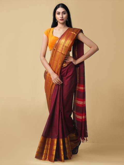 

Unnati Silks Maroon & Orange Zari Pure Cotton Narayan Peth Saree