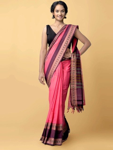

Unnati Silks Pink & Purple Solid Pure Cotton Narayanpet Saree