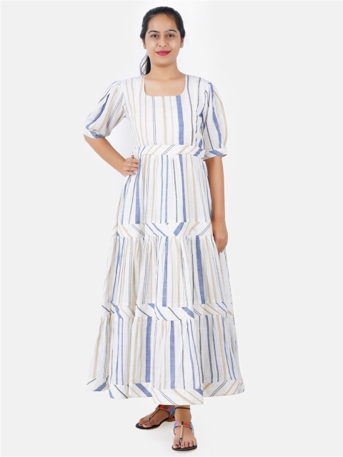 

Putchi Women White & Blue Striped Pure Cotton Maxi Dress