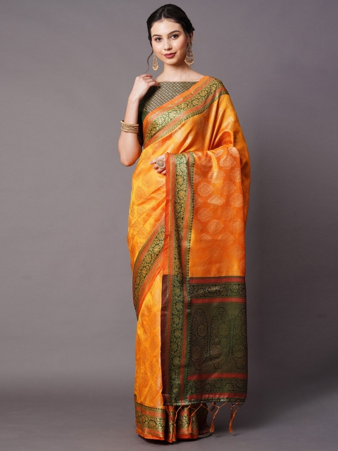 

Mitera Mustard & Green Woven Design Zari Silk Blend Banarasi Saree