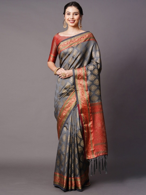 

Mitera Grey & Red Ethnic Motifs Zari Banarasi Silk Blend Saree