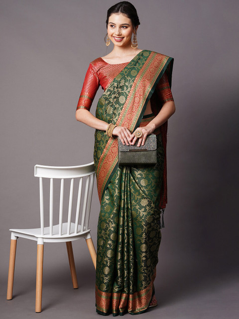 

Mitera Green & Red Floral Zari Silk Blend Banarasi Saree
