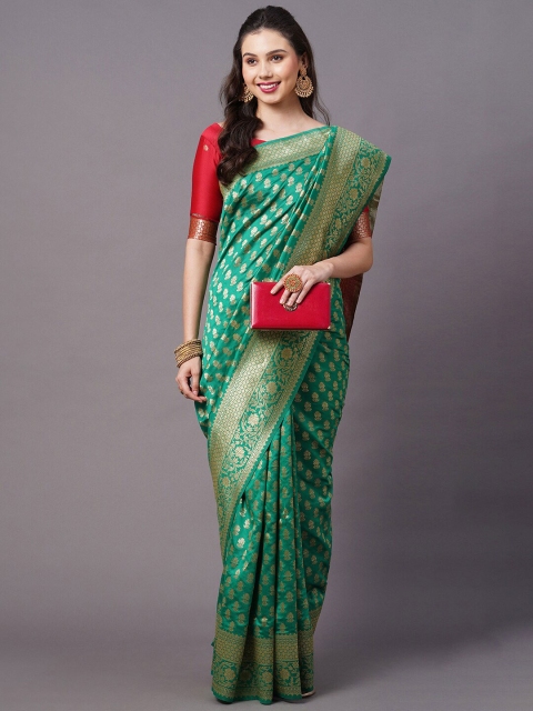 

Mitera Green & Gold-Toned Woven Design Zari Silk Blend Banarasi Saree