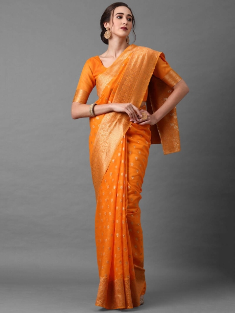 

Mitera Orange & Gold-Coloured Ethnic Motifs Zari Silk Blend Banarasi Saree