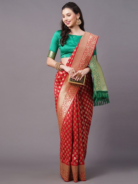 

Mitera Red & Green Ethnic Motifs Zari Silk Blend Banarasi Saree