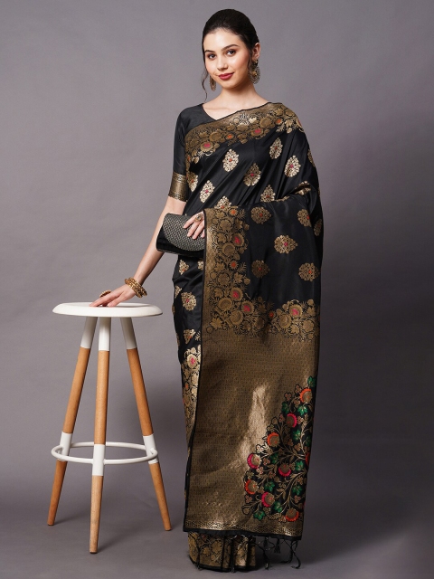 

Mitera Navy Blue & Gold-Toned Ethnic Motifs Zari Silk Blend Banarasi Saree