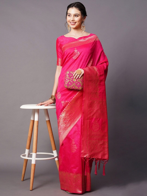 

Mitera Pink & Gold-Toned Woven Design Zari Silk Blend Banarasi Saree