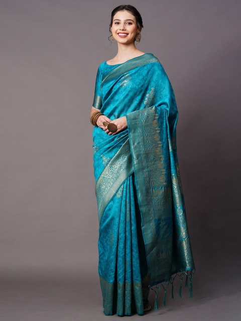 

Mitera Teal & Gold-Toned Woven Design Zari Silk Blend Banarasi Saree