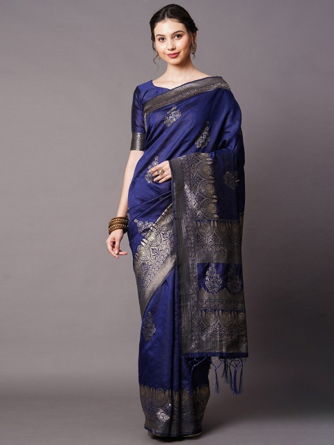 

Mitera Navy Blue & Gold-Toned Woven Design Zari Silk Blend Banarasi Saree