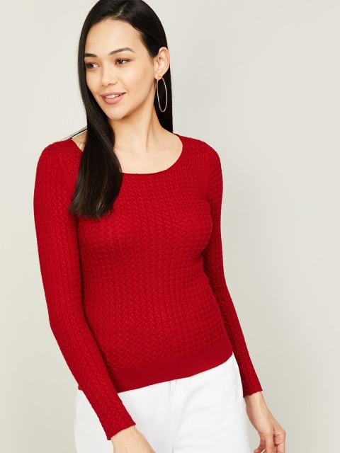 

CODE by Lifestyle Red Self Design Fitted Top