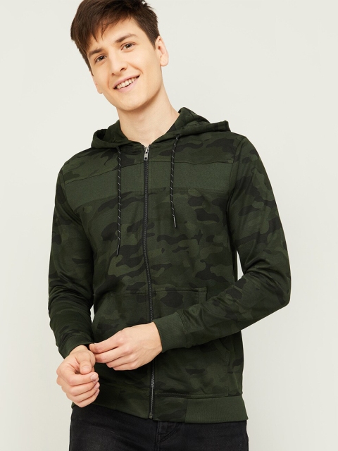 

Forca Men Olive Green Camouflage Printed Hooded Sweatshirt