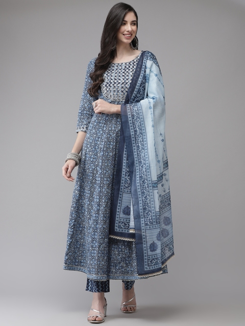 

Yufta Women Blue Floral Yoke Design Angrakha Pure Cotton Kurta with Trousers & With Dupatta