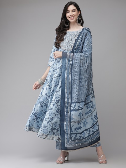 

Yufta Women Blue Floral Printed Regular Pure Cotton Kurta with Trousers & With Dupatta
