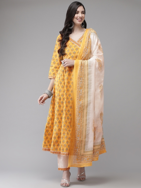 

Yufta Women Yellow Floral Printed Angrakha Pure Cotton Kurta with Trousers