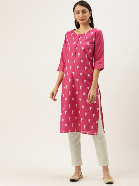 

SWAGG INDIA Women Pink & White Ethnic Motifs Embroidered Regular Kurta with Trousers