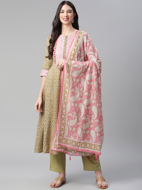 

Sakhi Jaipur Women Olive Green Paisley Printed Cotton Kurta with Trousers & Dupatta