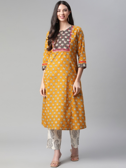 

Sakhi Jaipur Women Yellow Floral Printed Chikankari Pure Cotton Kurta with Trousers