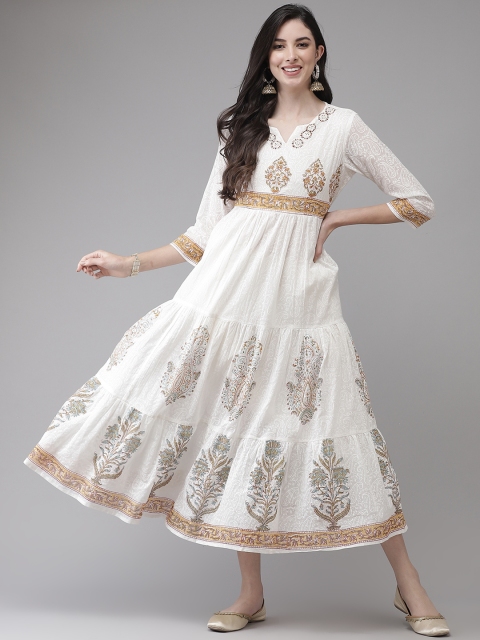 

Yufta White Ethnic Printed Flared Dress