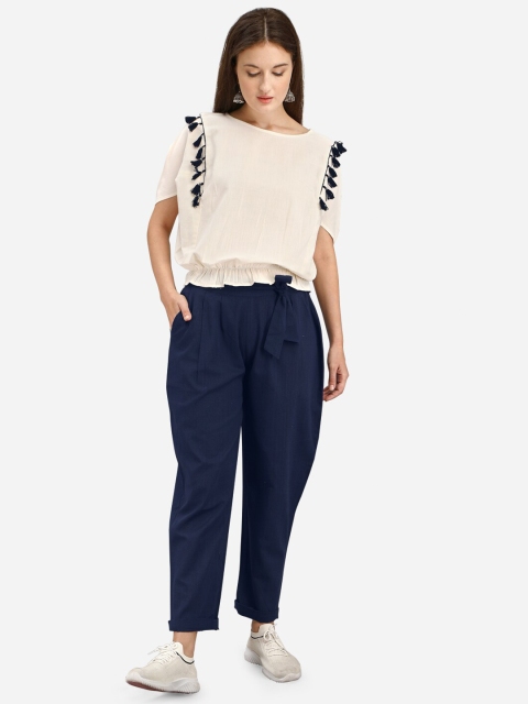 

Mesmora Women Off White & Navy Blue Pure Cotton Top with Trousers