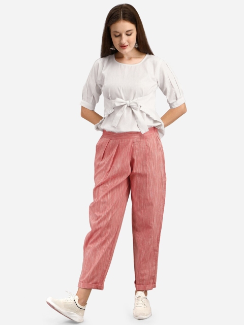 

Mesmora Women White & Peach-Coloured Pure Cotton Top with Trousers