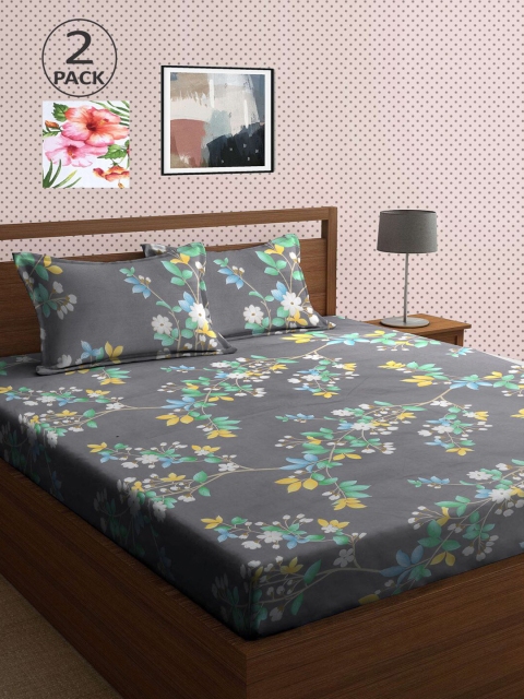 

KLOTTHE Grey & White Floral 210 TC 2 King Bedsheet with 4 Pillow Covers