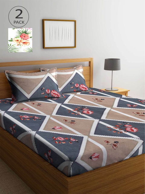 

KLOTTHE White & Grey Floral 210 TC 2 King Bedsheet with 4 Pillow Covers