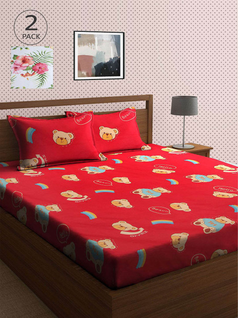 

KLOTTHE Red & White Cartoon Characters 210 TC 2 King Bedsheet with 4 Pillow Covers