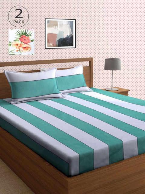 

KLOTTHE Pack of 2 Green & White Striped 210 TC King Bedsheet with 4 Pillow Covers