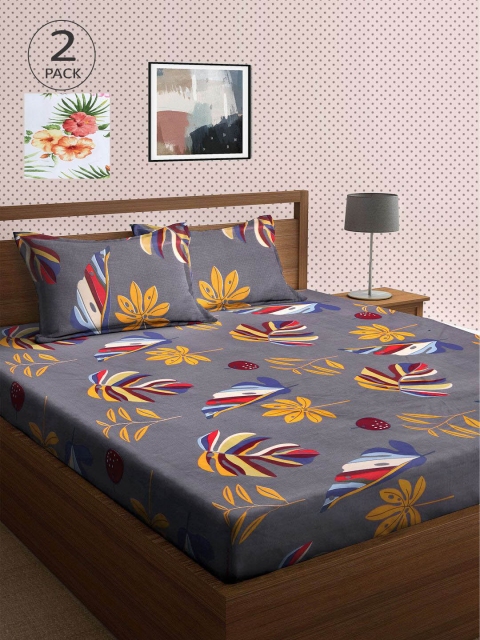 

KLOTTHE Grey & White Floral 210 TC 2 King Bedsheet with 4 Pillow Covers