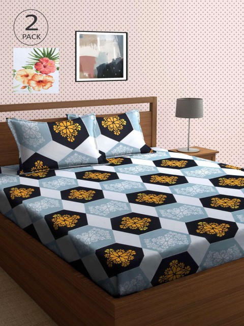 

KLOTTHE Grey & Black Geometric 210 TC 2 King Bedsheet with 4 Pillow Covers