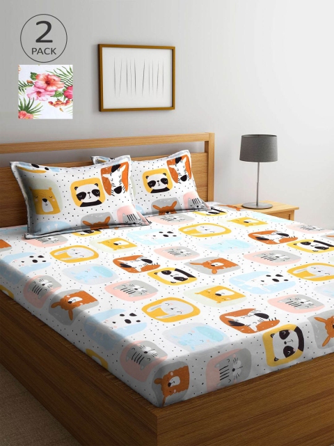 

KLOTTHE Set Of 2 White & Mustard Printed 210 TC King Bedsheets With 4 Pillow Covers