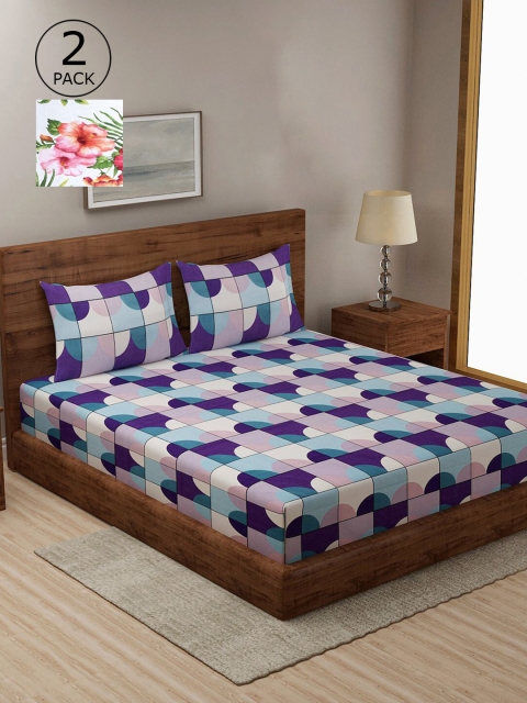 

KLOTTHE Blue & White Geometric 210 TC 2 King Bedsheet with 4 Pillow Covers