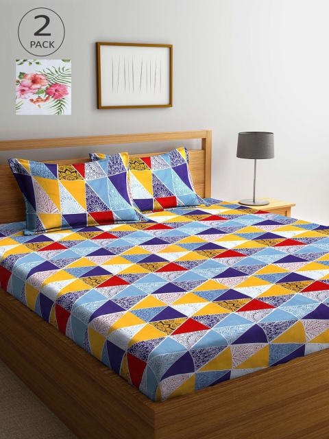 

KLOTTHE Blue & White Geometric 210 TC 2 King Bedsheet with 4 Pillow Covers