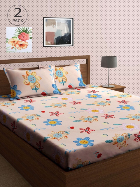 

KLOTTHE White & Beige Floral 210 TC 2 King Bedsheet with 4 Pillow Covers