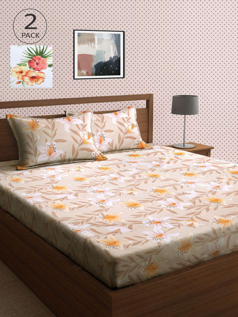

KLOTTHE Set Of 2 White & Pink Printed 210 TC King Bedsheets With 4 Pillow Covers