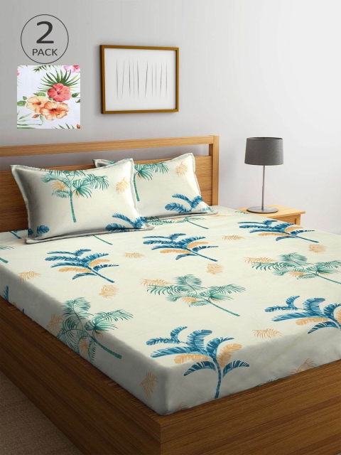 

KLOTTHE White & Green Floral 210 TC 2 King Bedsheet with 4 Pillow Covers