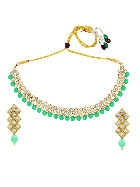 

ASMITTA JEWELLERY Gold-Plated White & Sea Green Kundan-Studded Jewellery Set