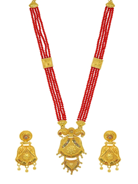 

ASMITTA JEWELLERY Gold-Plated Red Meenakari Beaded Jewellery Set