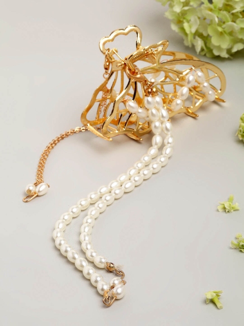 

Ferosh Women Gold-Toned & White Pearl Embellished Butterfly Wing Clutcher