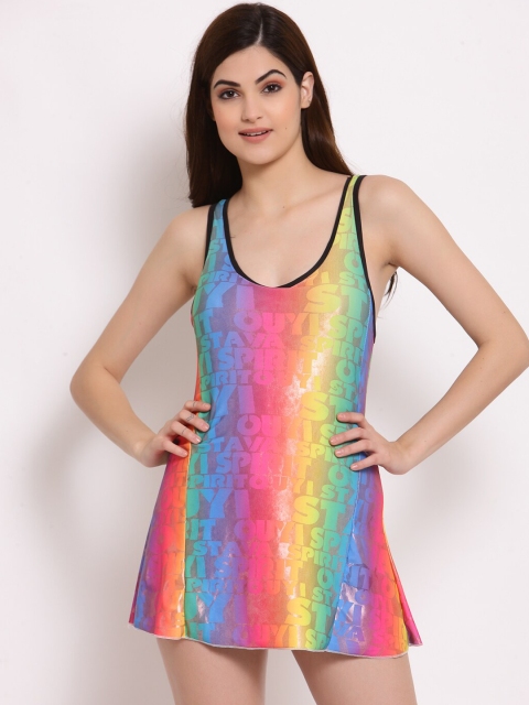 

CUKOO Women Pink & Blue Printed Padded Swim Dress with Attached Shorts