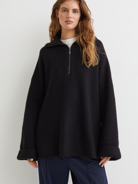 

H&M Women Black Rib-Knit Polo Neck Jumper