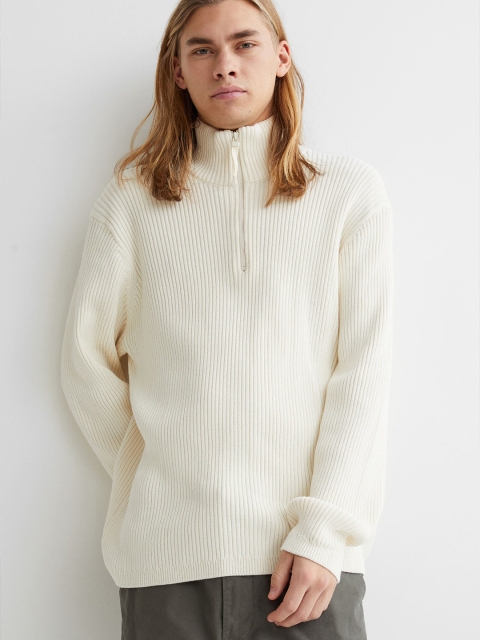 

H&M Men Beige Relaxed Fit Rib-knit jumper, White