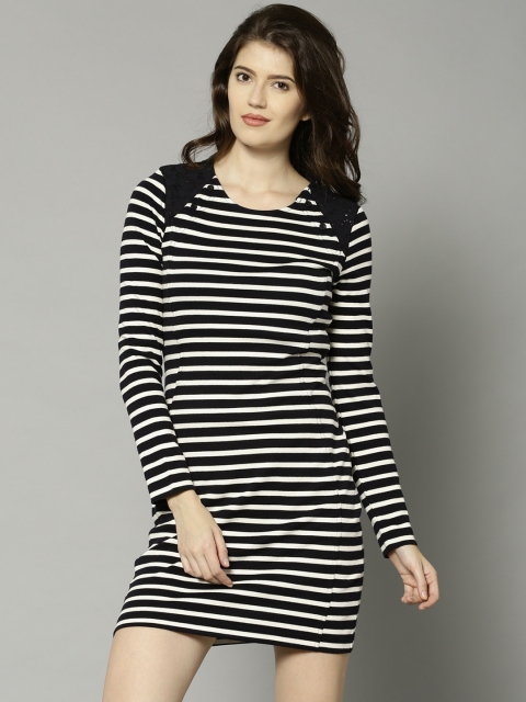 

French Connection Women Black & White Striped Sheath Dress